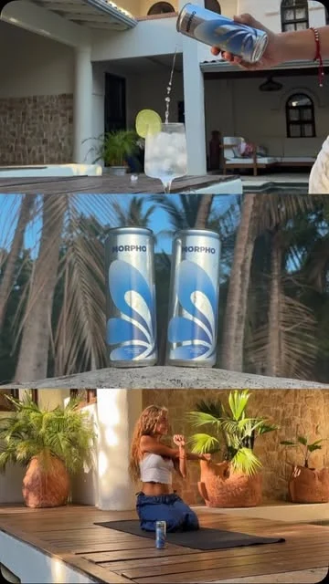 MORPHO cans and a refreshing drink in a tropical setting