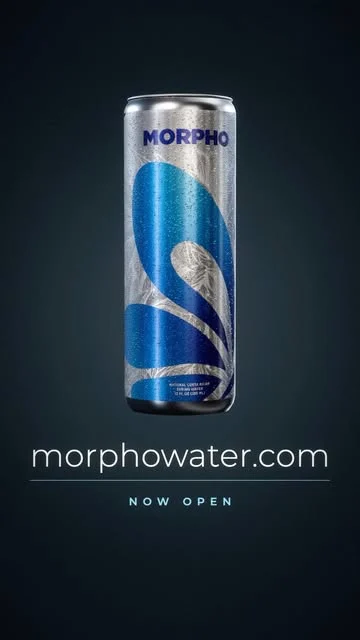 A silver MORPHO can on a dark background announcing morphowater.com